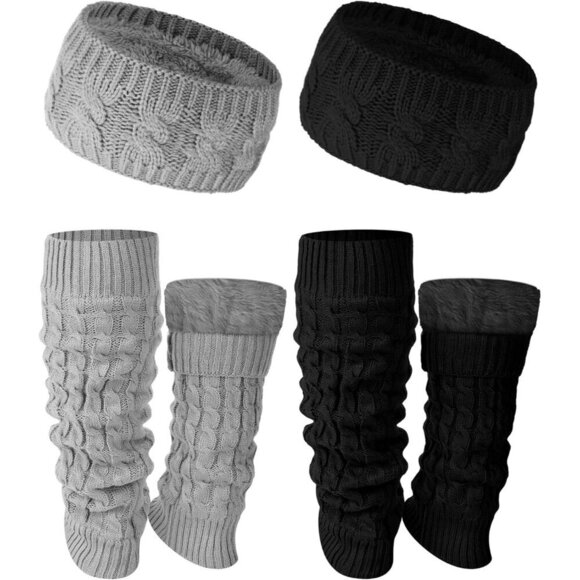 Accessories - Winter Fleece Leg Warmers and Headband Set Women Girls Knit Black Gray